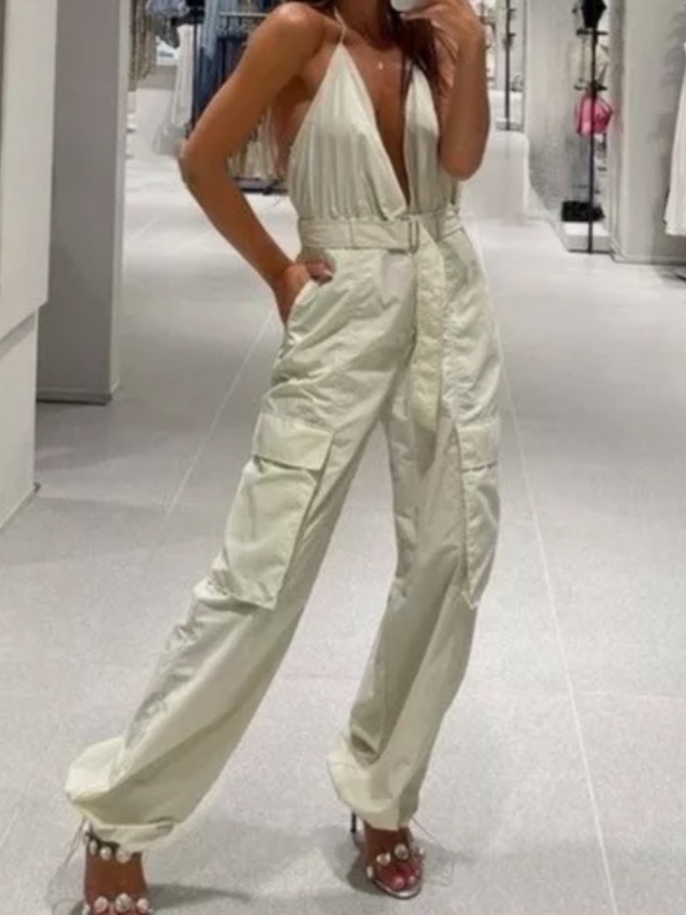 Zara Women's Cream Parachute Utility Cargo Jumpsuit